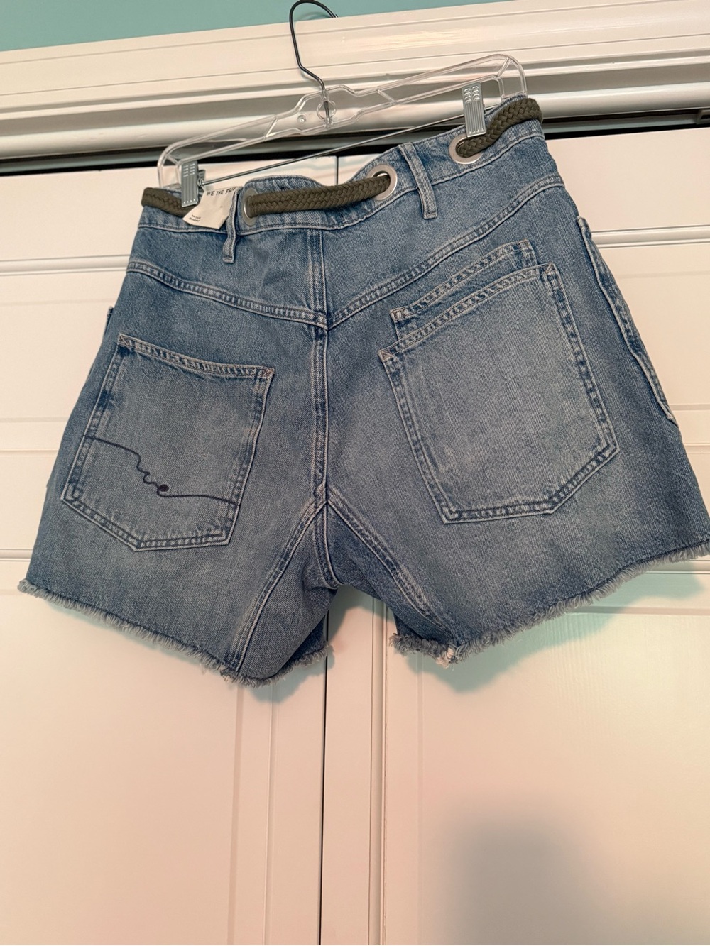 Free People MOXIE Light Blue Denim Jean Shorts with Olive Drawstring - Picture 8 of 8